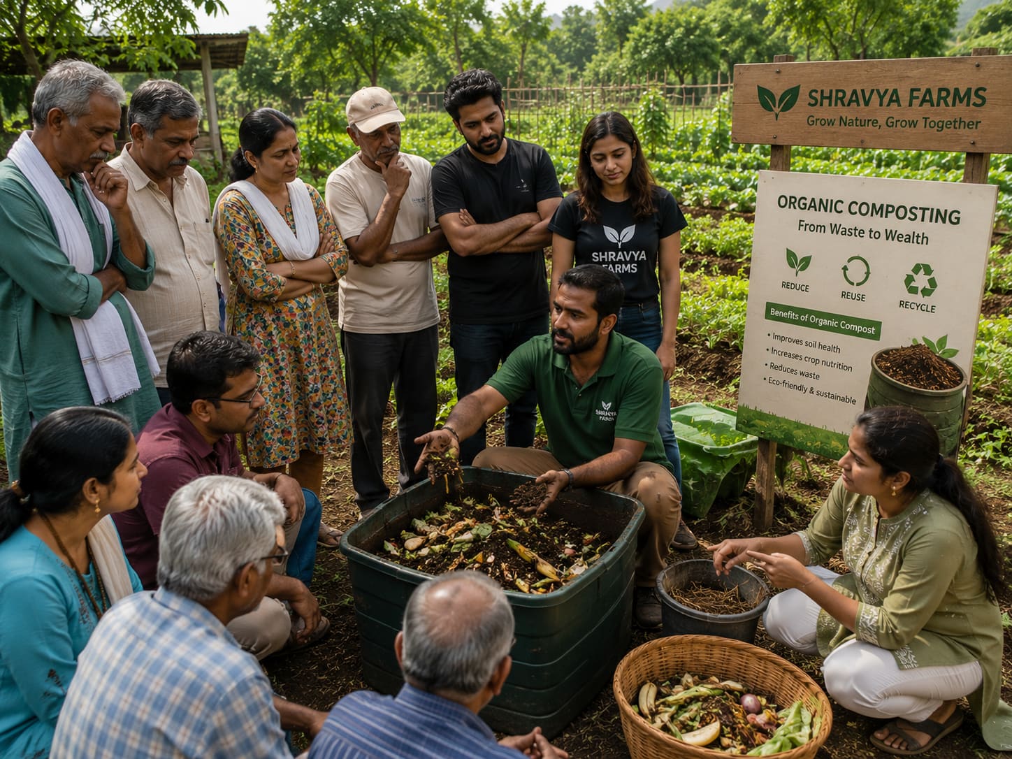 A group of families gathered around a compost bin at a farm workshop