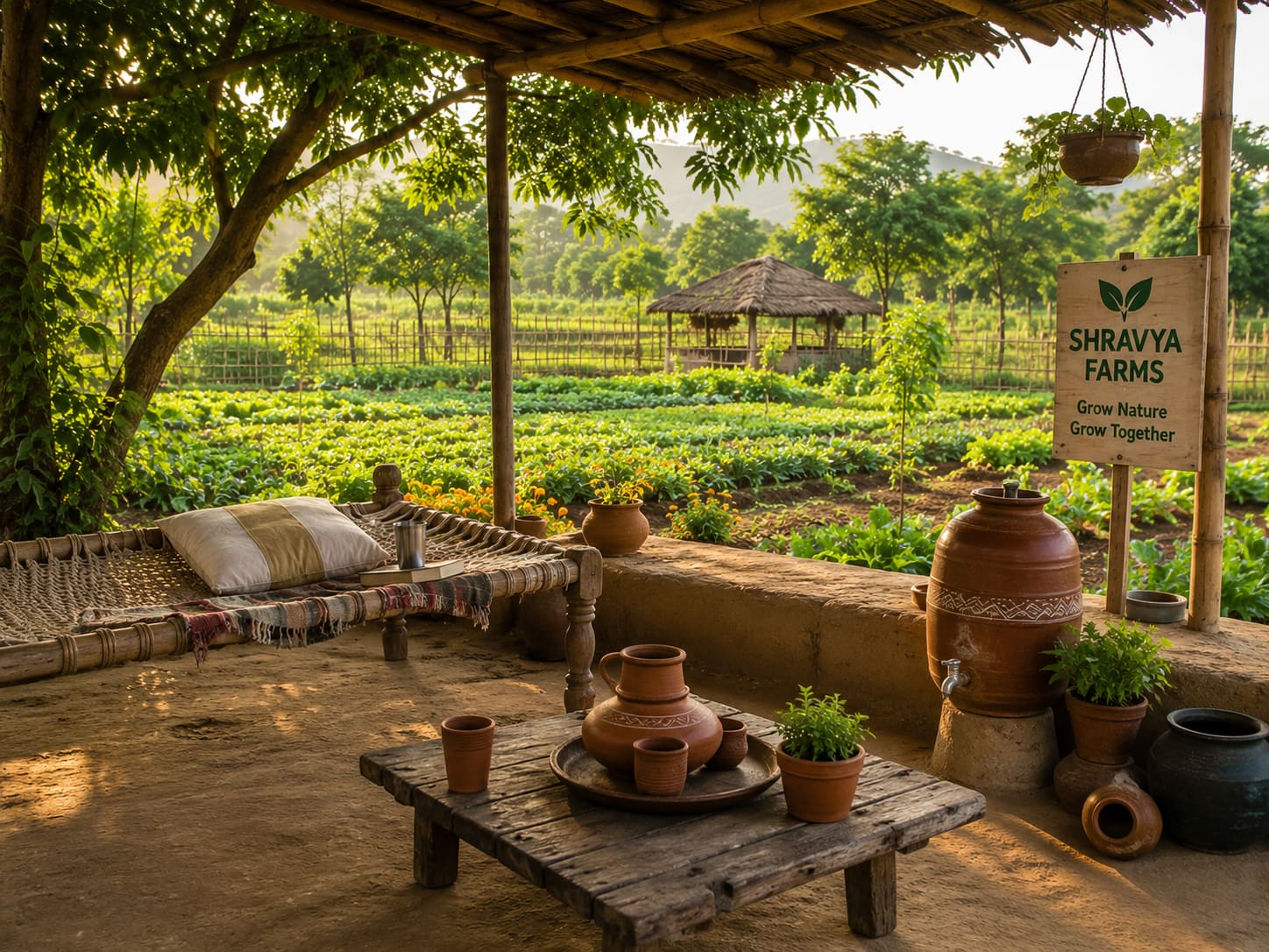 A shaded seating area beside the vegetable fields