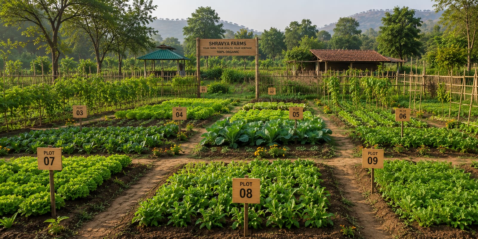 Numbered garden plots with young vegetables growing in rows