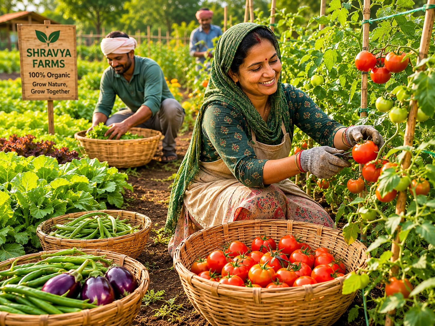 A woman picking ripe red tomatoes into a basket