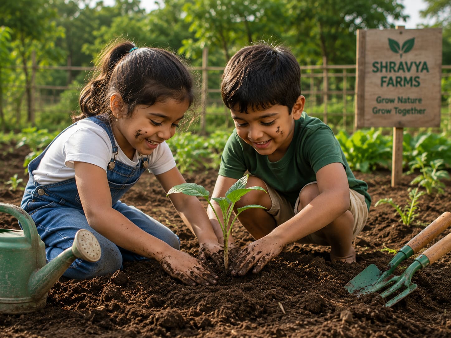 Two children planting a seedling in dark soil