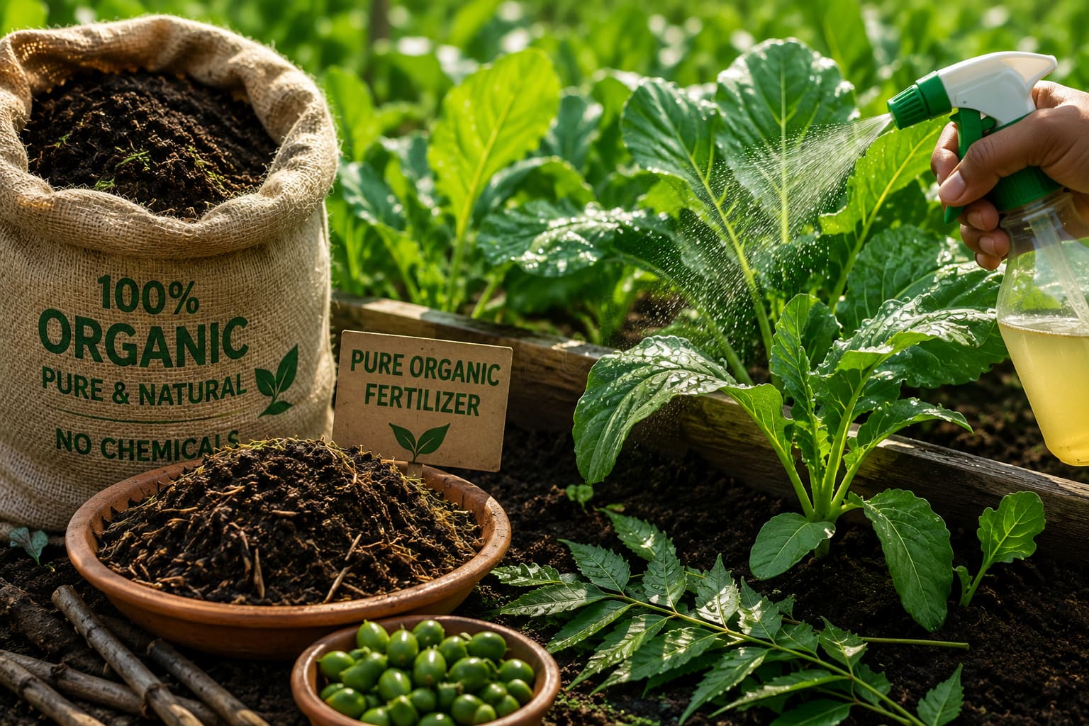 A sack of organic compost beside leafy vegetables and a neem spray bottle